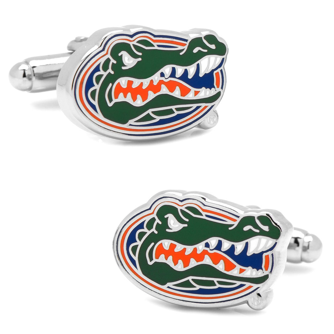 NCAA University of Florida Gators Cufflinks featuring silver-toned metal and an enameled green alligator mascot head logo.