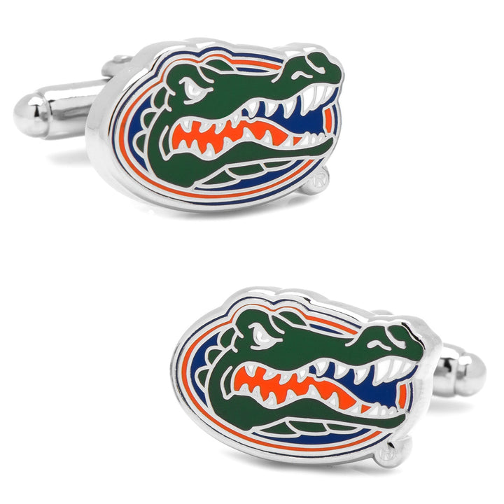 NCAA University of Florida Gators Cufflinks featuring silver-toned metal and an enameled green alligator mascot head logo.