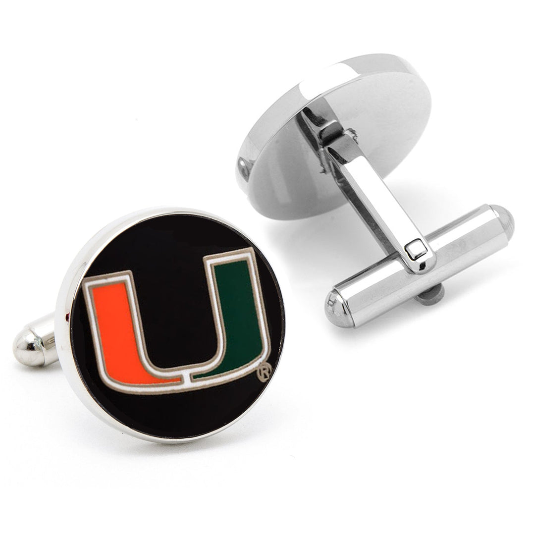 NCAA Miami Hurricanes cufflinks featuring a round, orange and green university logo on a black background.