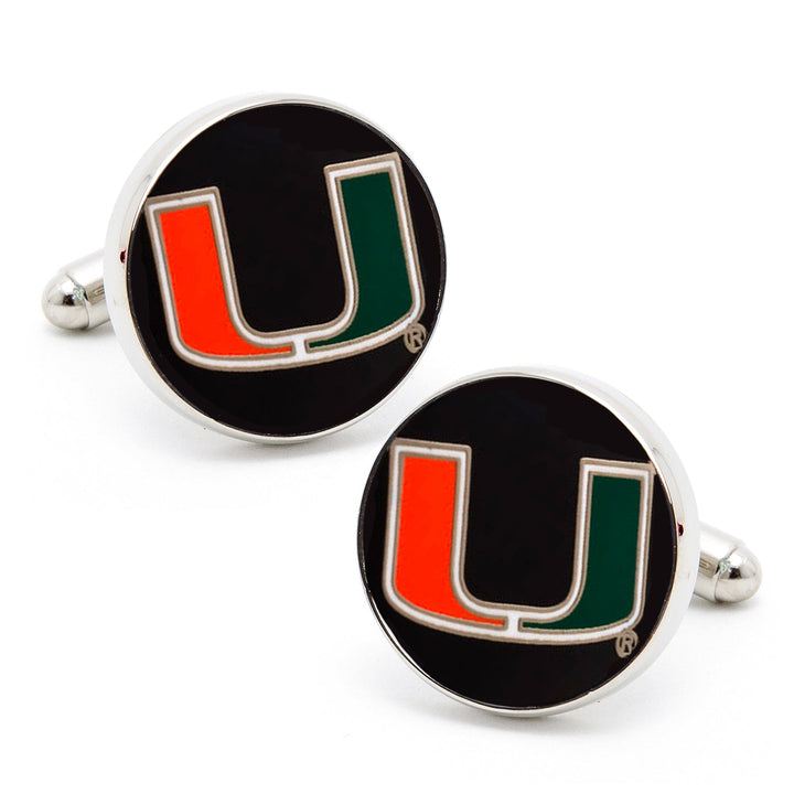 NCAA Miami Hurricanes cufflinks featuring a pair of round silver discs with a black background and the orange and green “U” logo.