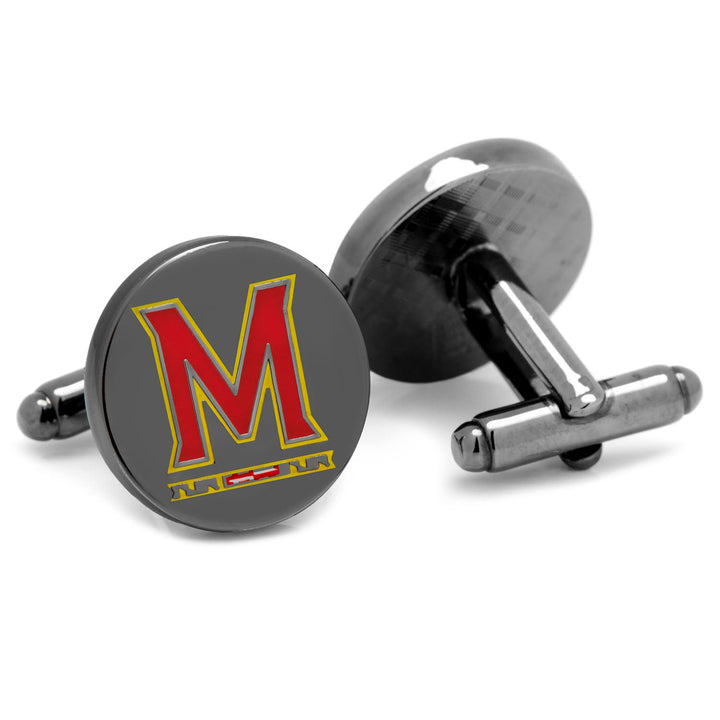Round metal NCAA University of Maryland Cufflinks featuring a red and yellow letter M logo.