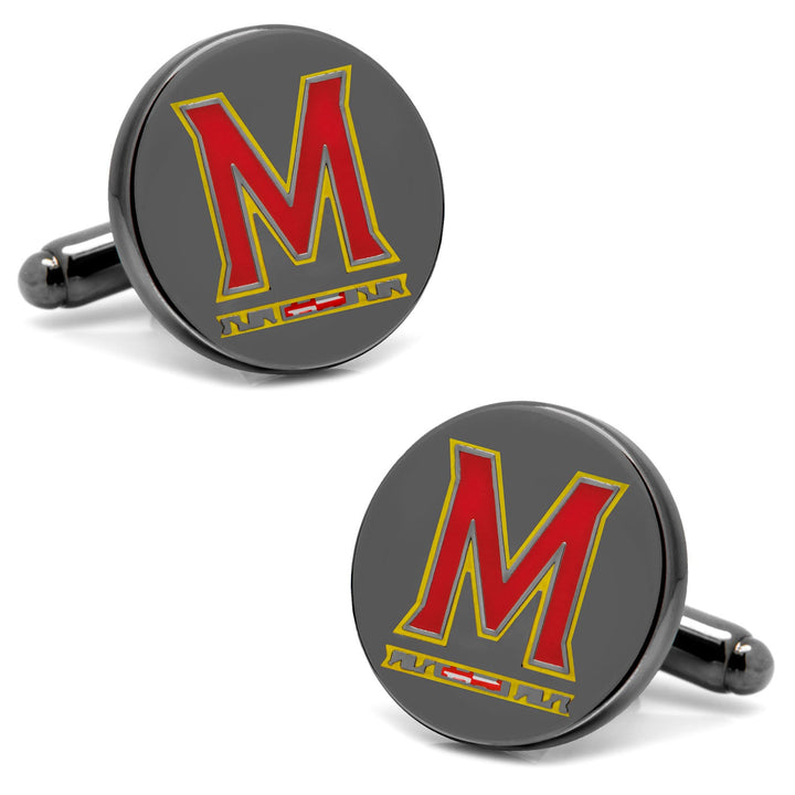 NCAA University of Maryland Cufflinks featuring a large red letter M with yellow trim above a stylized logo on a dark gray background.