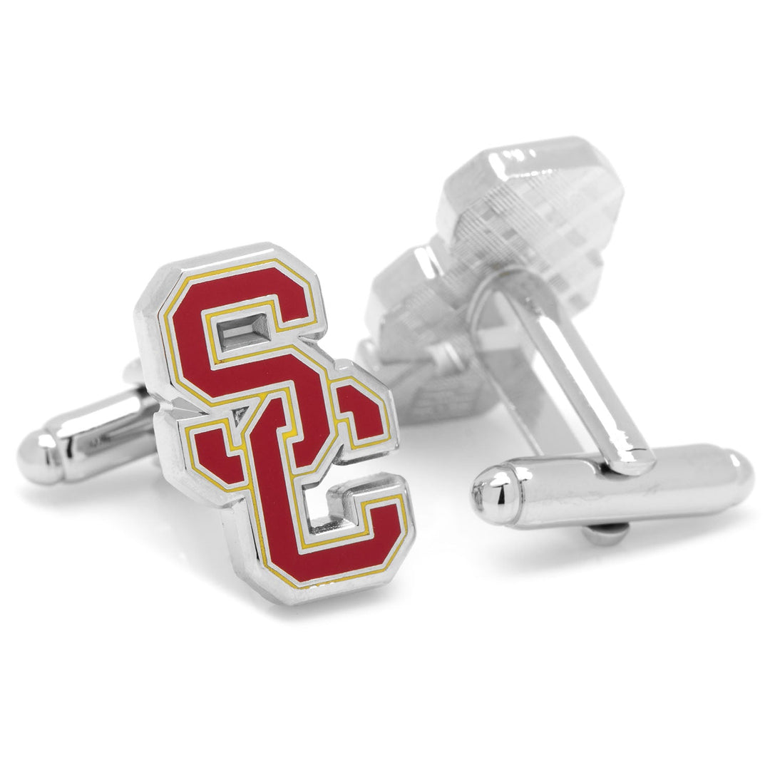 NCAA University of Southern California Trojans cufflinks made of silver-toned metal featuring the red and gold USC logo.