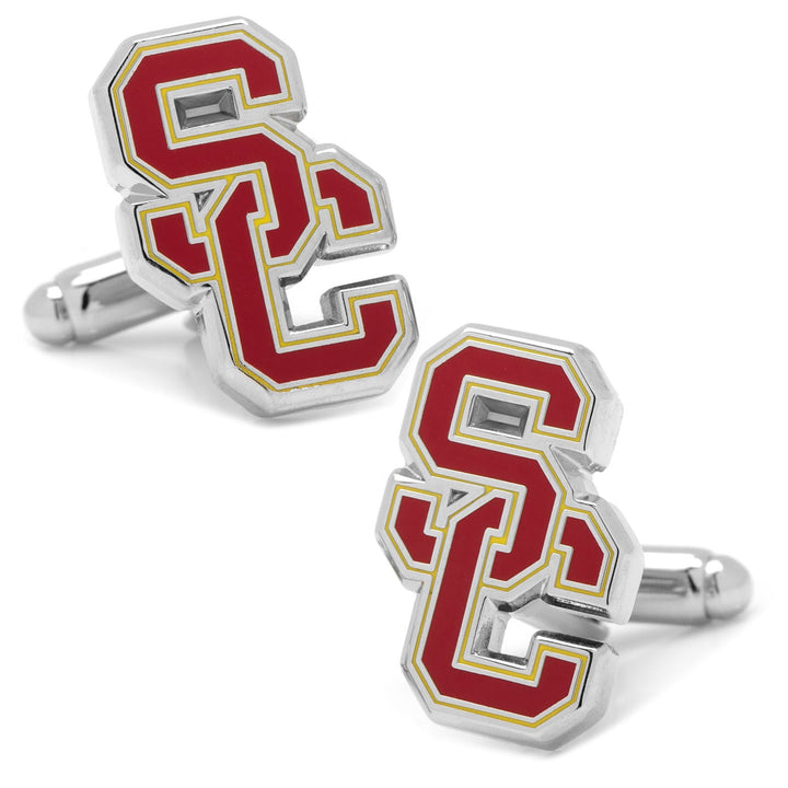 NCAA University of Southern California Trojans cufflinks in silver-toned metal featuring the red and yellow “SC” Trojan logo.