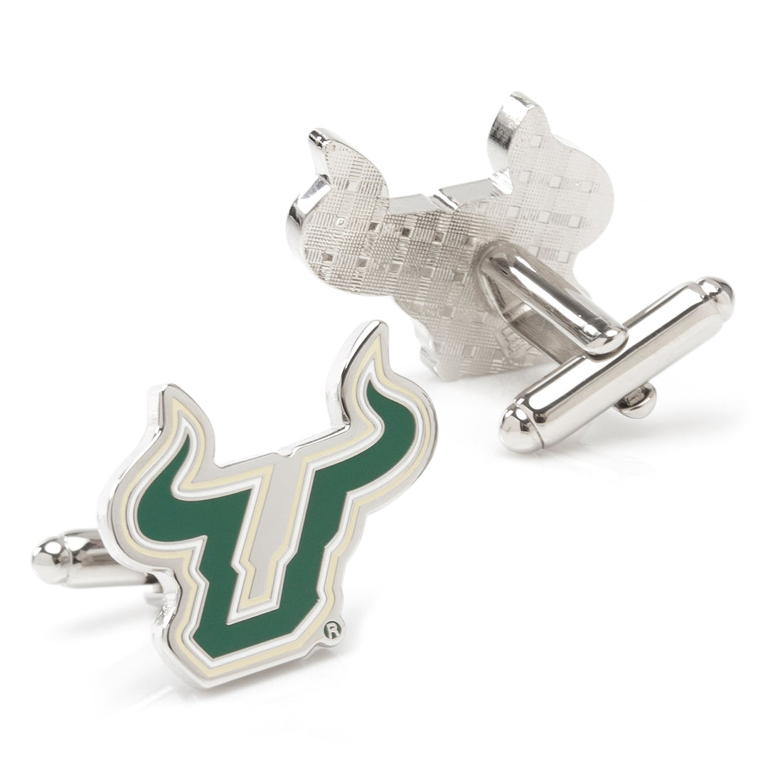NCAA University of South Florida cufflinks in silver-tone, featuring a green and white bull mascot logo.