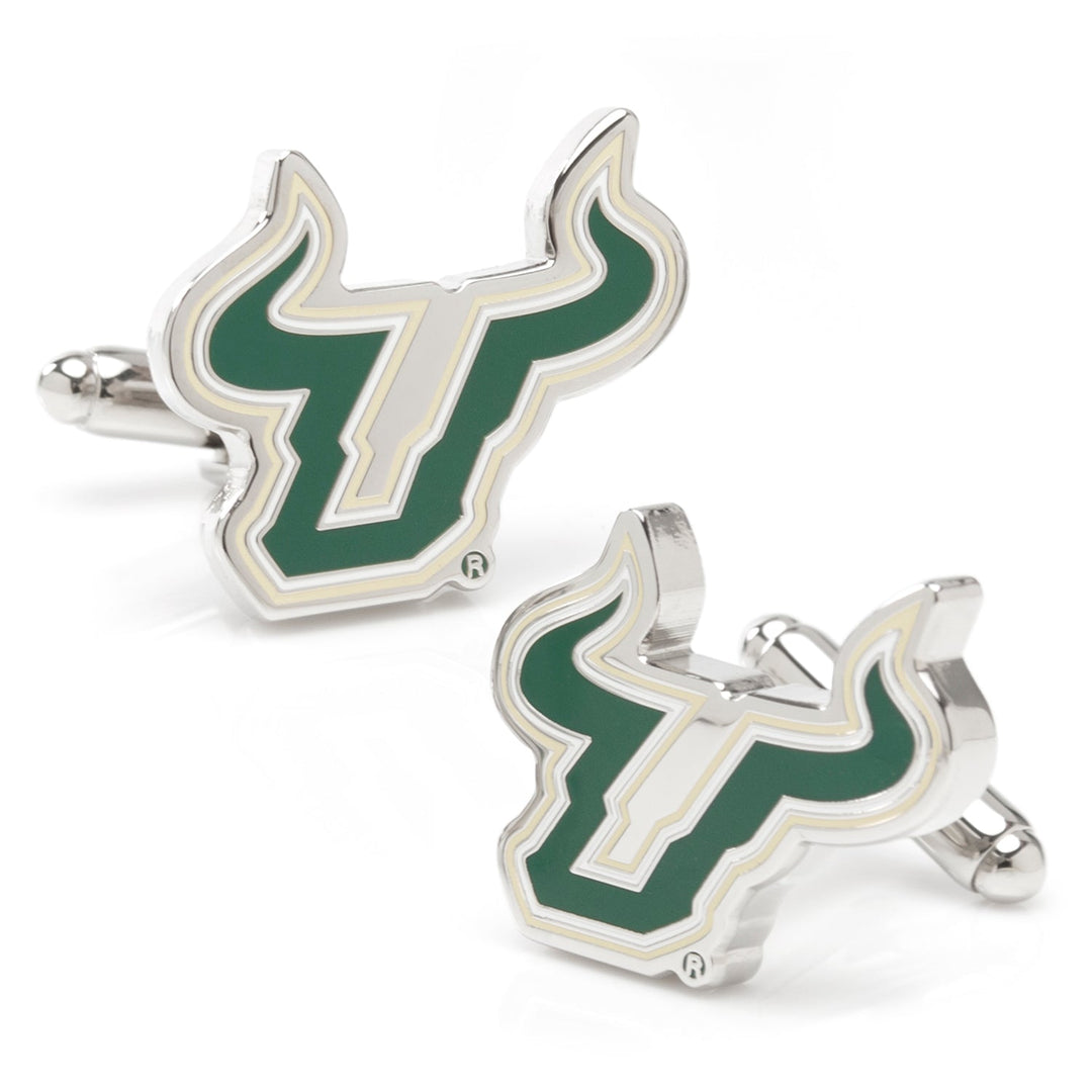 Two silver-tone NCAA University of South Florida cufflinks featuring a green and white bull logo.