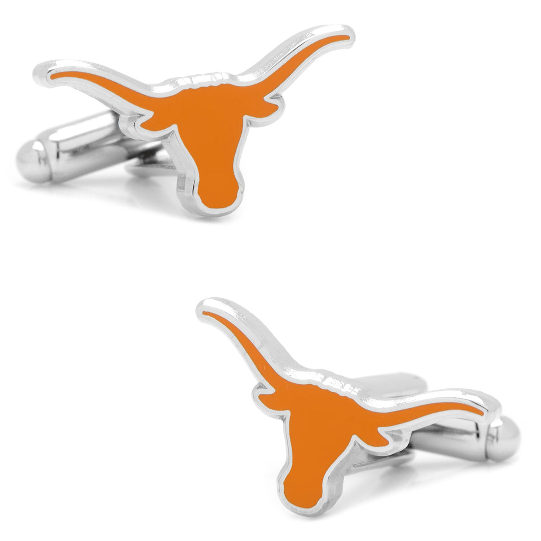 Silver NCAA Texas Longhorns cufflinks shaped like a bull head with orange enamel fill.