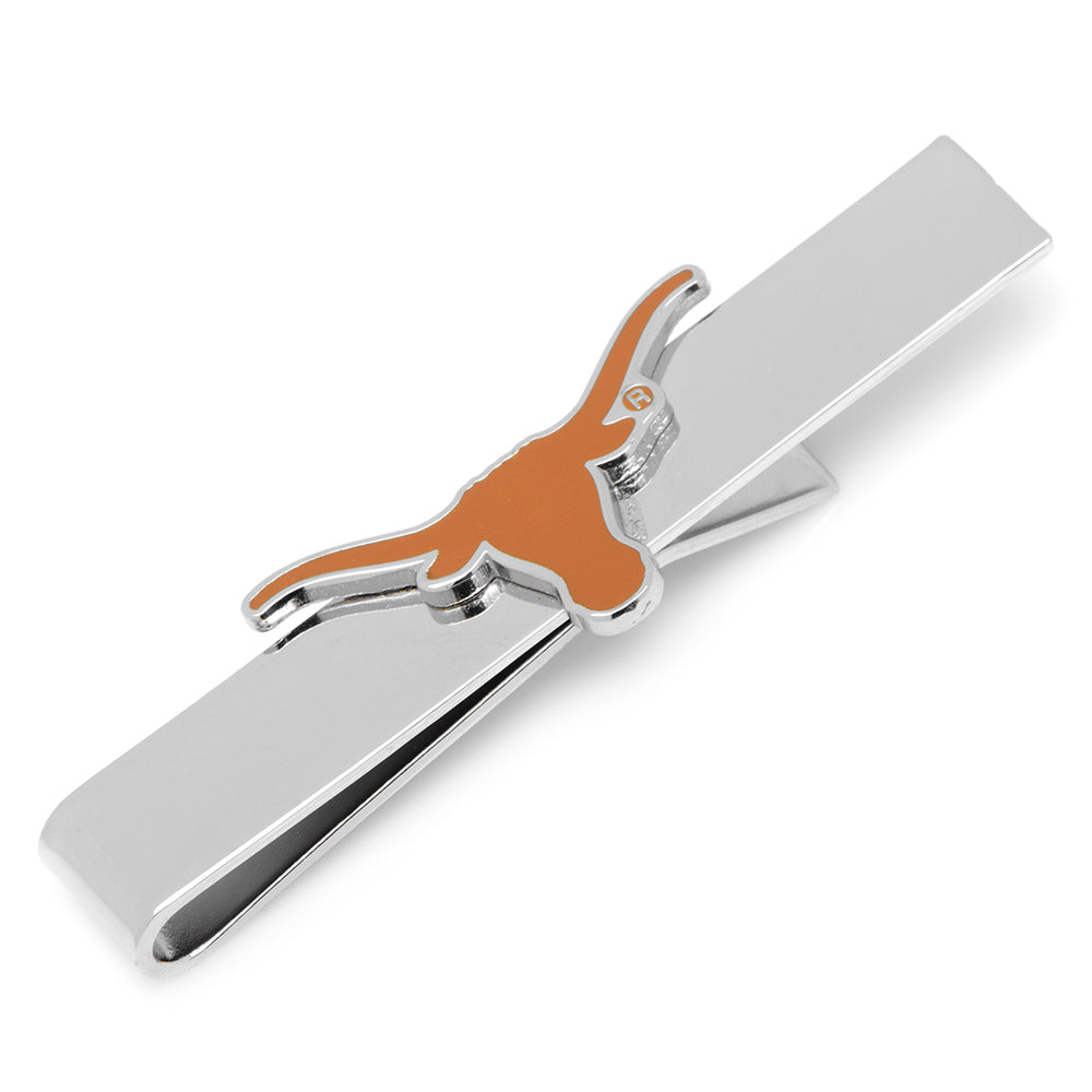 Silver-toned metal NCAA University of Texas Longhorns Tie Bar featuring an orange and silver longhorn steer logo.