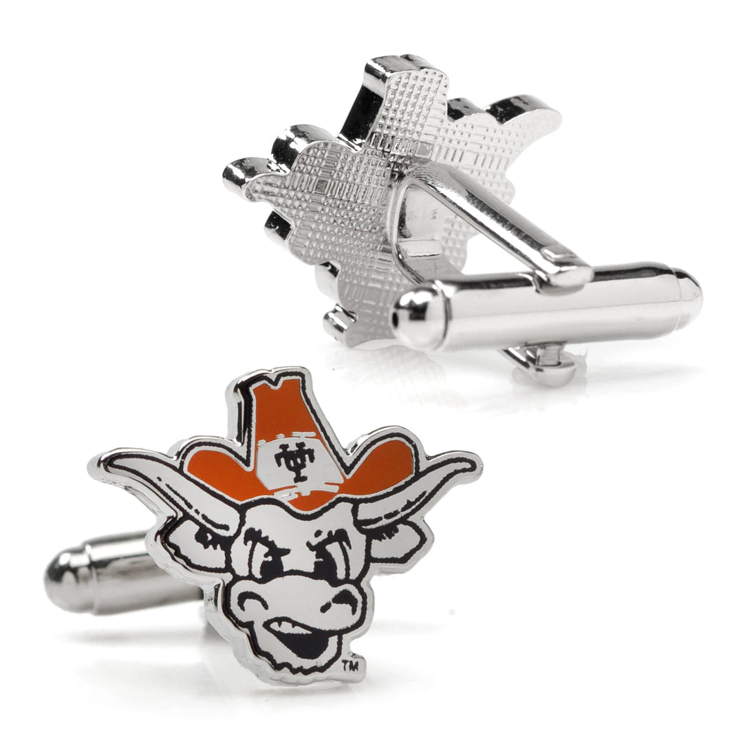 Silver-tone NCAA University of Texas Bevo Cufflinks featuring the longhorn mascot wearing an orange cowboy hat.