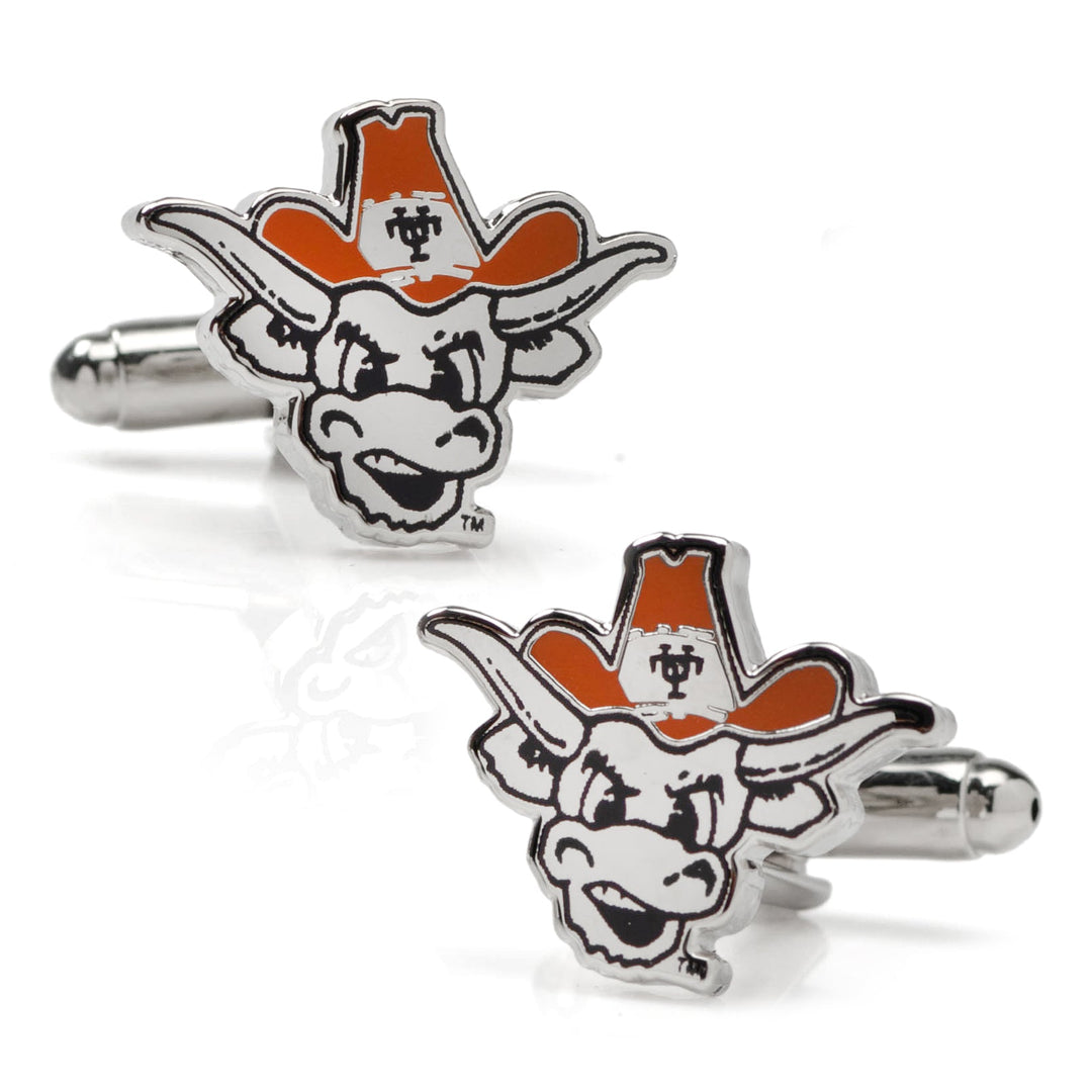 NCAA University of Texas Bevo Cufflinks featuring silver-tone longhorn mascots in orange and white cowboy hats.