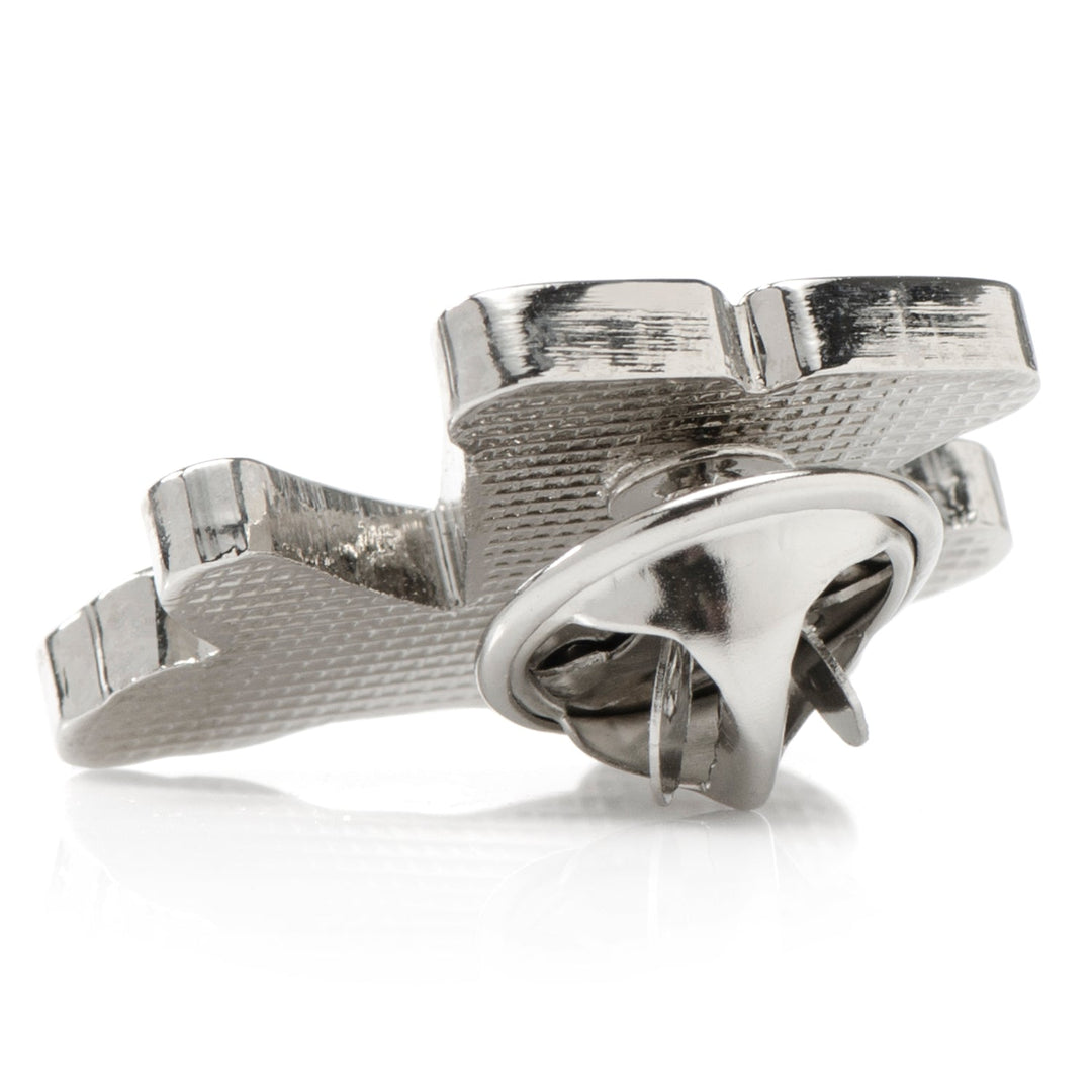 The back of a silver-toned NCAA University of Virginia Cavaliers Lapel Pin, showing the clutch fastener.