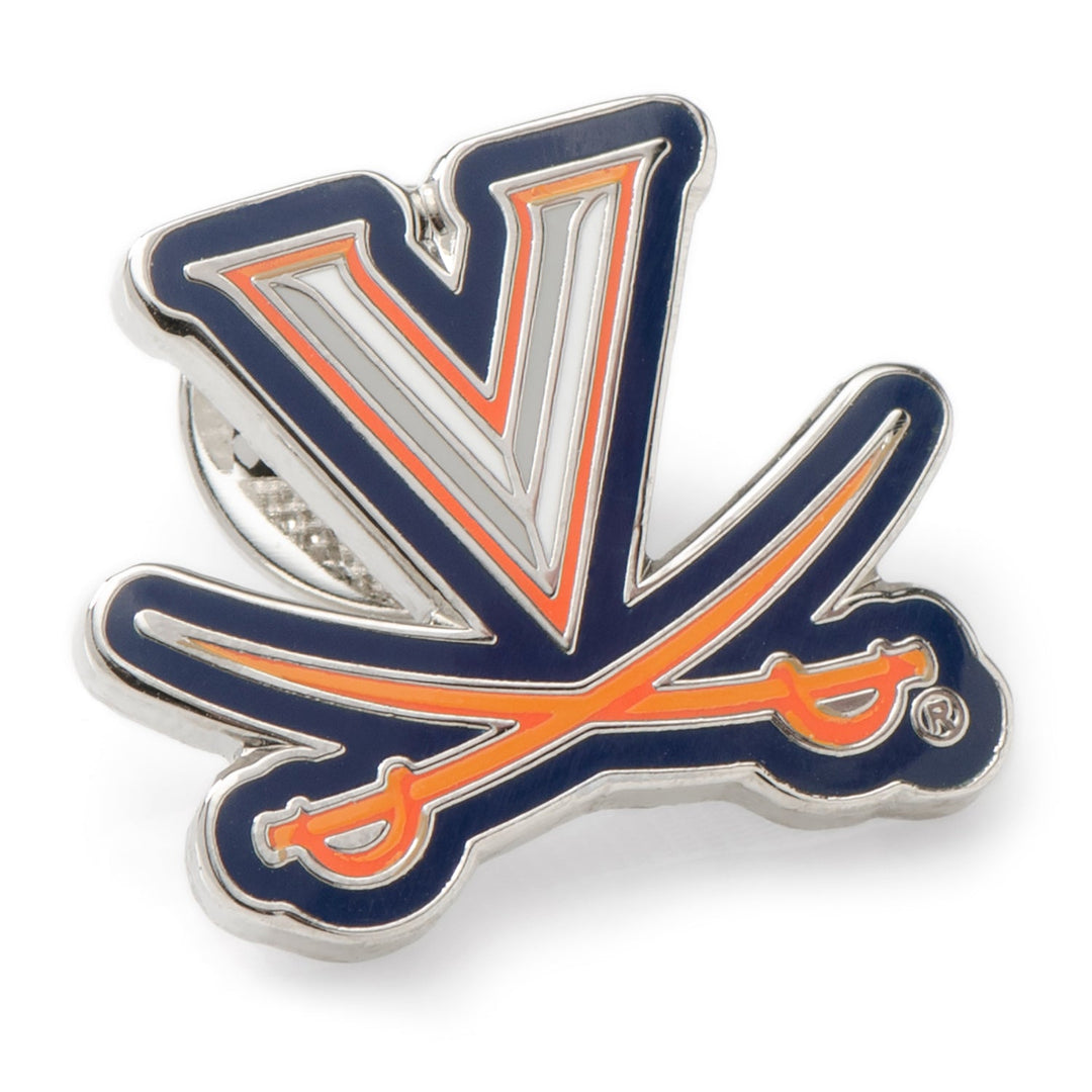 NCAA University of Virginia Cavaliers Lapel Pin featuring a navy blue and orange V-shape logo with crossed sabers.