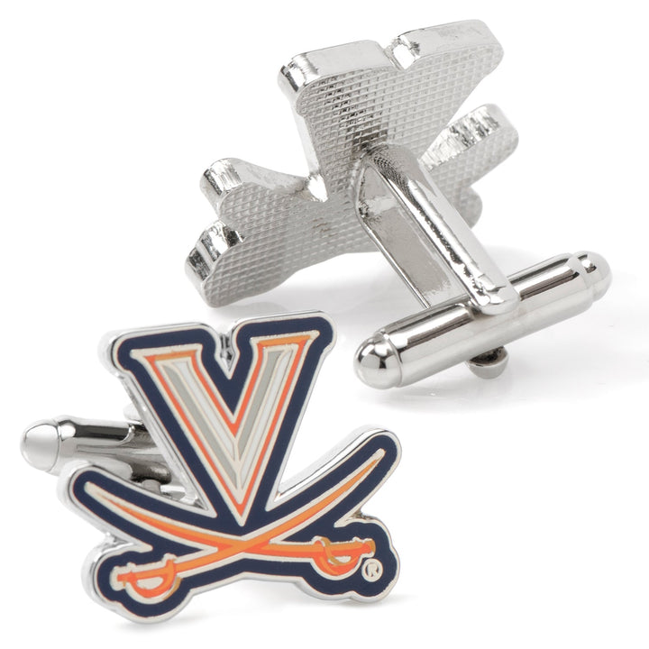 NCAA University of Virginia Cavaliers Cufflinks featuring two silver cufflinks with the blue and orange V-sabre logo.