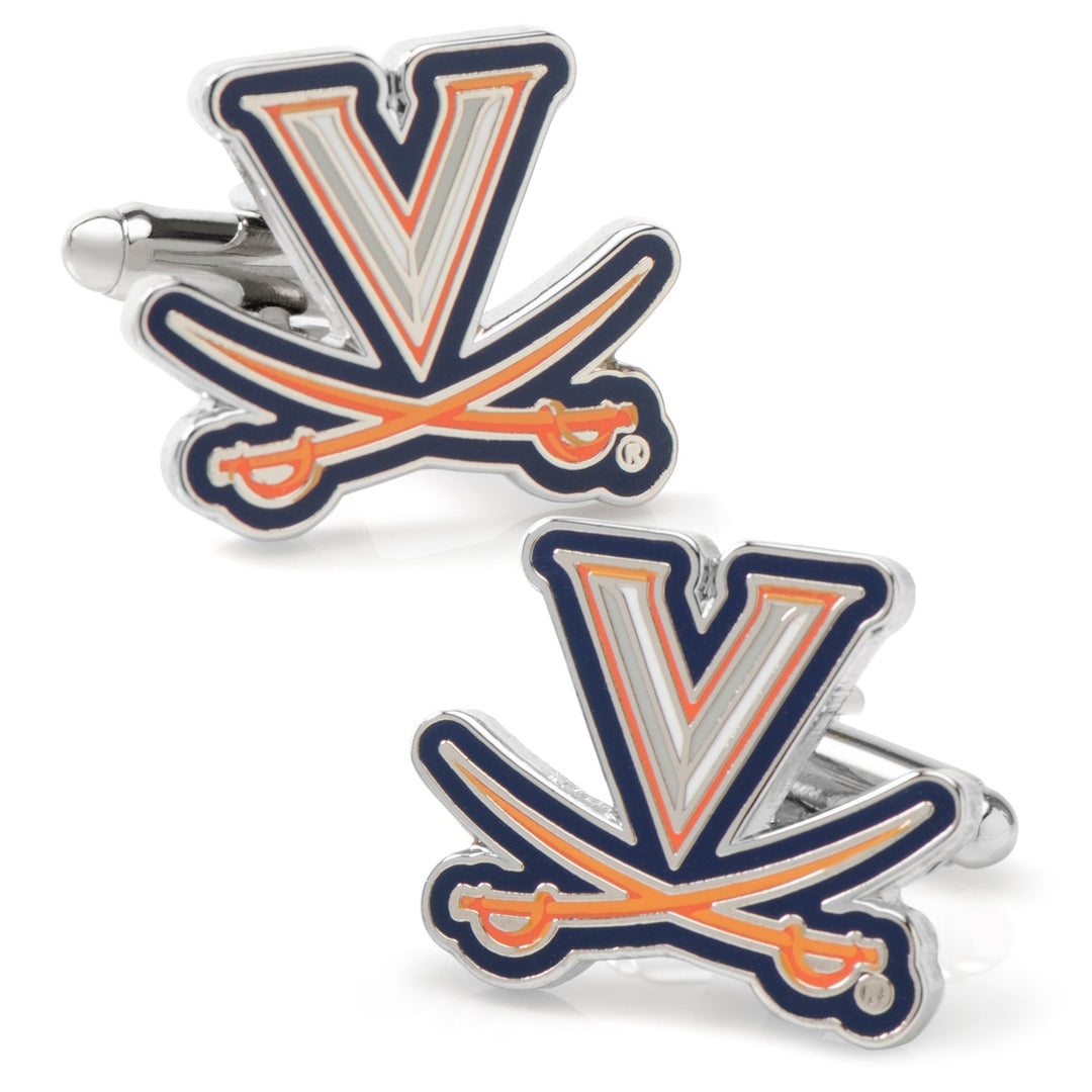 NCAA University of Virginia Cavaliers Cufflinks in silver-tone featuring the logo with crossed sabers in blue, orange, and white enamel.