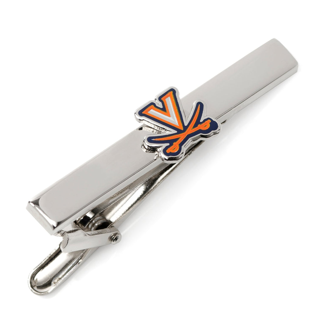 NCAA University of Virginia Cavaliers tie clip in silver-tone featuring a stylized orange and blue letter V with crossed swords.