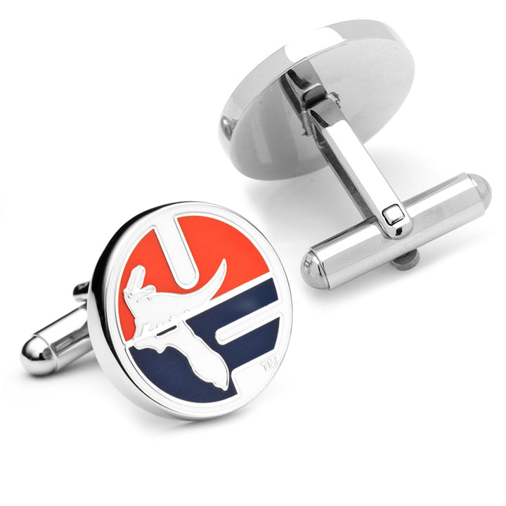 NCAA Florida Gators Throwback Cufflinks featuring a round, vintage design with a split orange and blue logo of a white alligator silhouette.