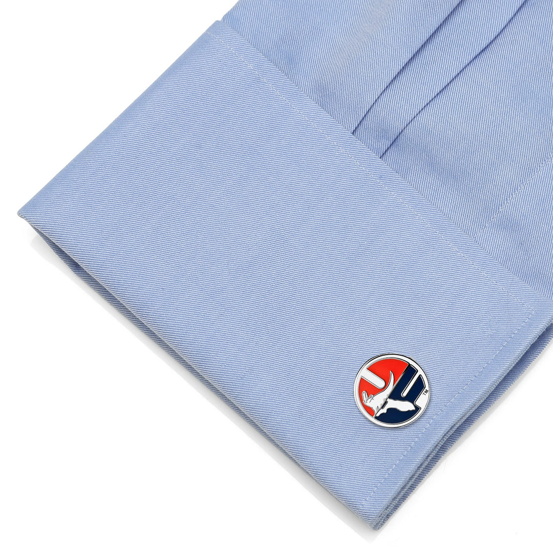NCAA Florida Gators Throwback Cufflinks featuring a round silver-rimmed design with an alligator mascot on a blue, white, and red background, fastened to a light blue French cuff.