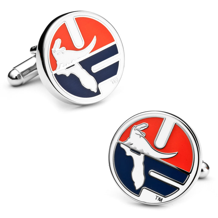 NCAA Florida Gators Throwback Cufflinks, featuring two round silver cufflinks with a red and blue alligator silhouette emblem.