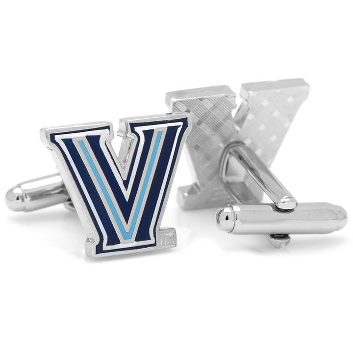 NCAA Villanova Wildcats Cufflinks shaped like the letter V, with one featuring navy and light blue enamel stripes.