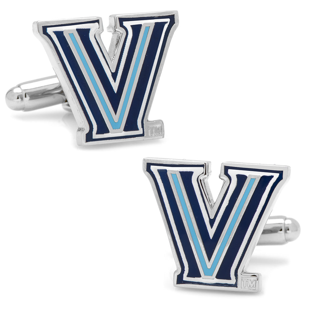 NCAA Villanova Wildcats cufflinks in silver-tone featuring a navy blue and light blue letter V.