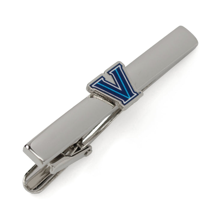 NCAA Villanova University Wildcats tie clip made of silver-tone metal featuring a blue and white “V” logo.