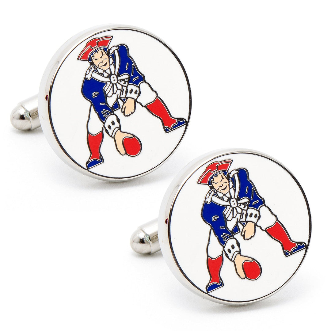 NFL New England Patriots Vintage Cufflinks in a round silver design featuring the mascot in a red, white, and blue uniform preparing to hike a football.