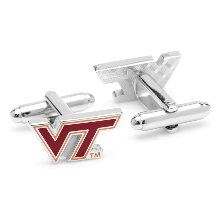 Two metallic NCAA Virginia Tech Hokies cufflinks featuring the maroon and orange VT logo.