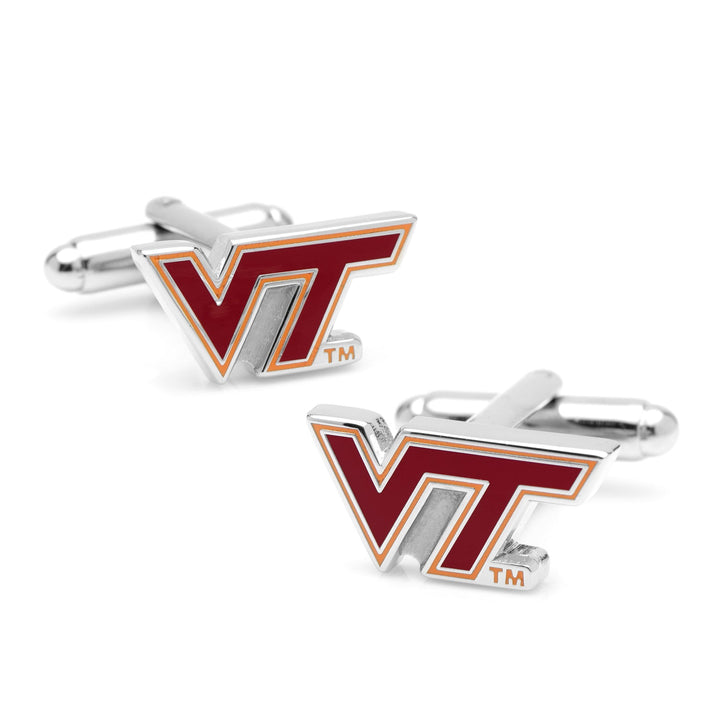 NCAA Virginia Tech Hokies cufflinks featuring a silver-tone finish and the maroon and orange “VT” logo.