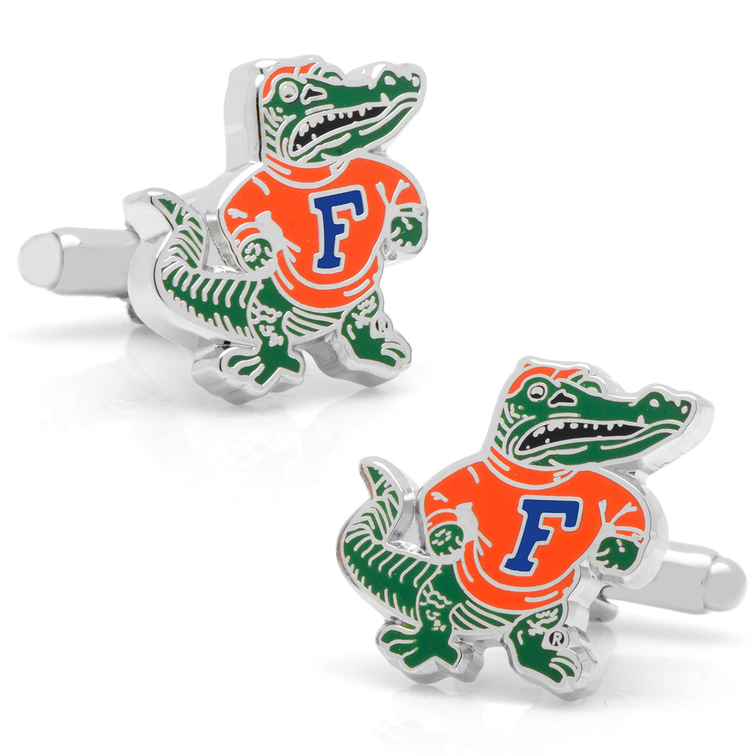 NCAA University of Florida Throwback Cufflinks featuring a green alligator wearing an orange shirt with a blue letter F.