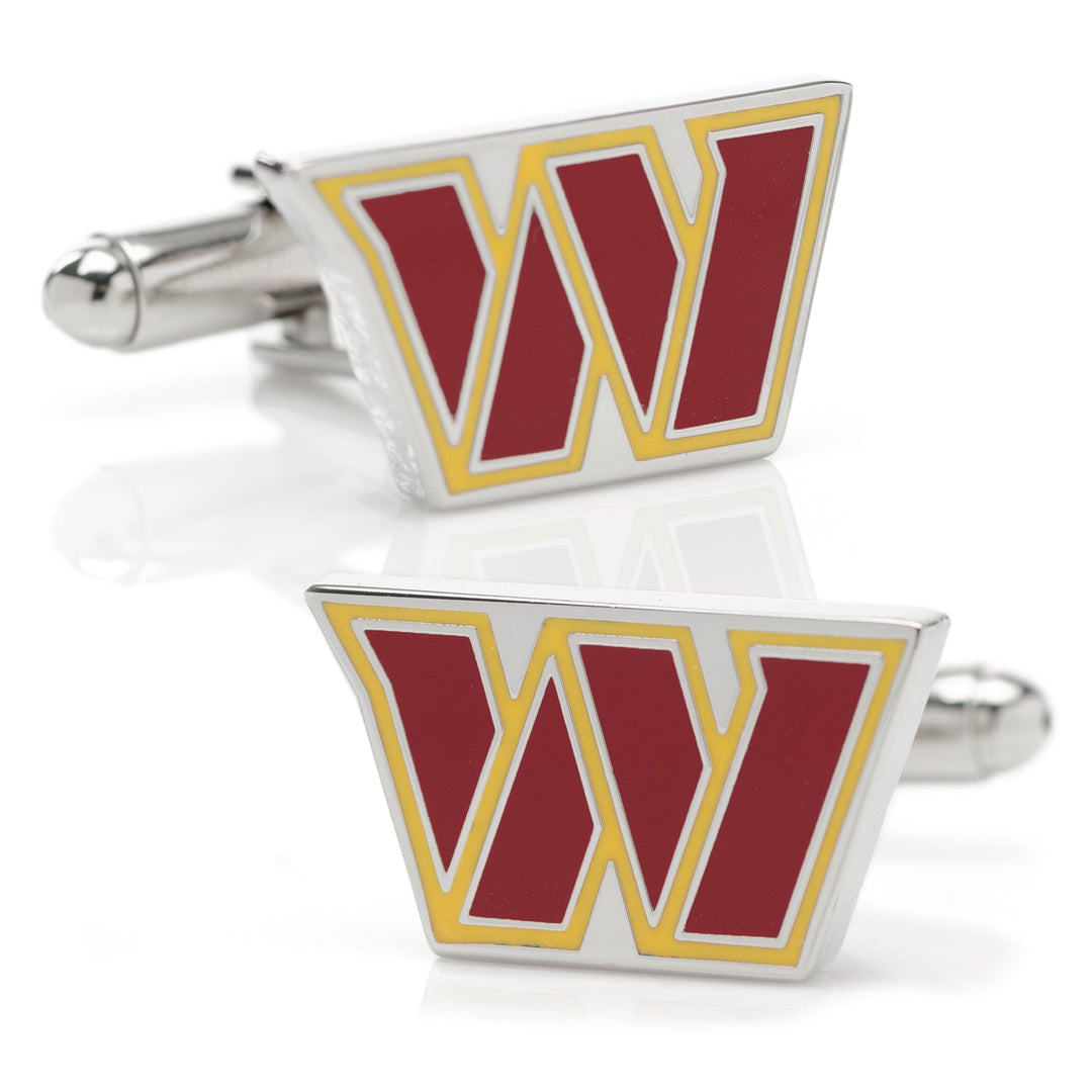 NFL Washington Commanders cufflinks featuring a silver-tone finish and a burgundy and gold letter W team logo.