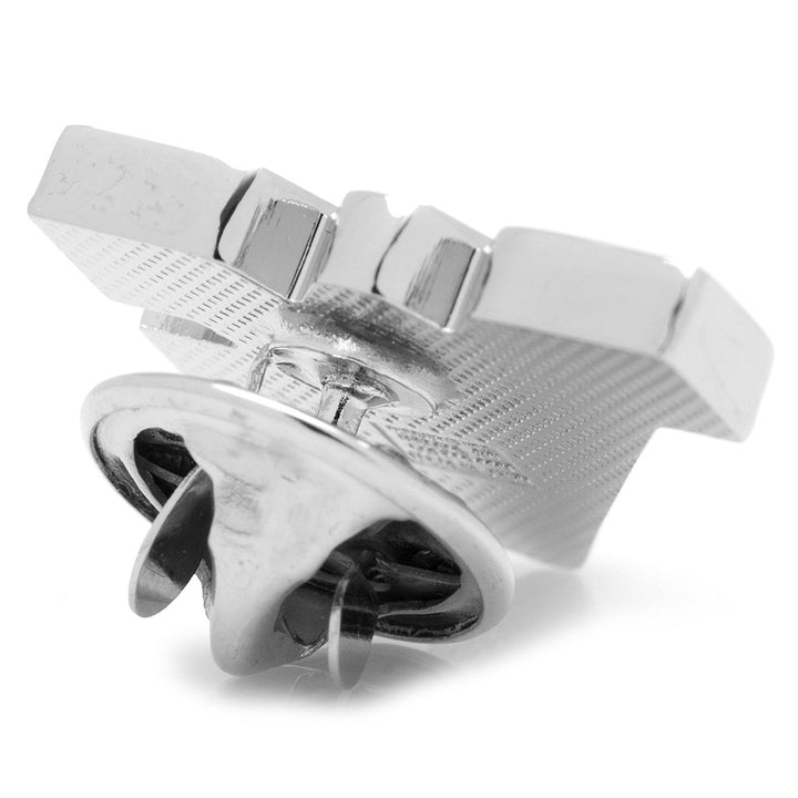 Back view of a silver NCAA West Virginia Mountaineers Lapel Pin, shown with a butterfly clutch fastener.