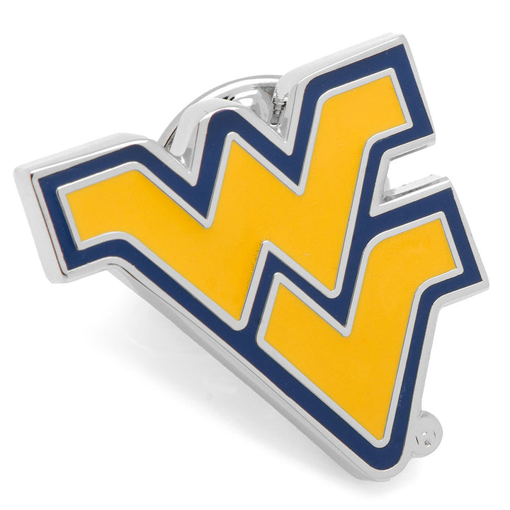 NCAA West Virginia Mountaineers Lapel Pin in the shape of a yellow and blue collegiate logo.