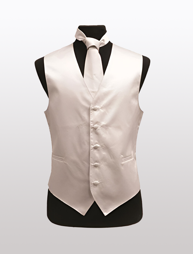 Men's Solid Satin White Tuxedo Vest by Ckl displayed on a mannequin, accompanied by a matching tie. The vest includes buttons, two small pockets, and an adjustable strap for a regular fit.