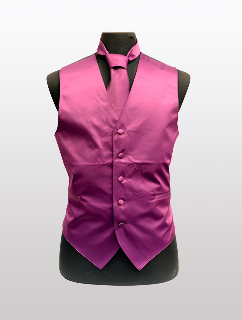 A mannequin showcases the Ckl Men's Solid Satin Eggplant Tuxedo Vest, featuring a matching tie and an adjustable strap for a perfect fit.