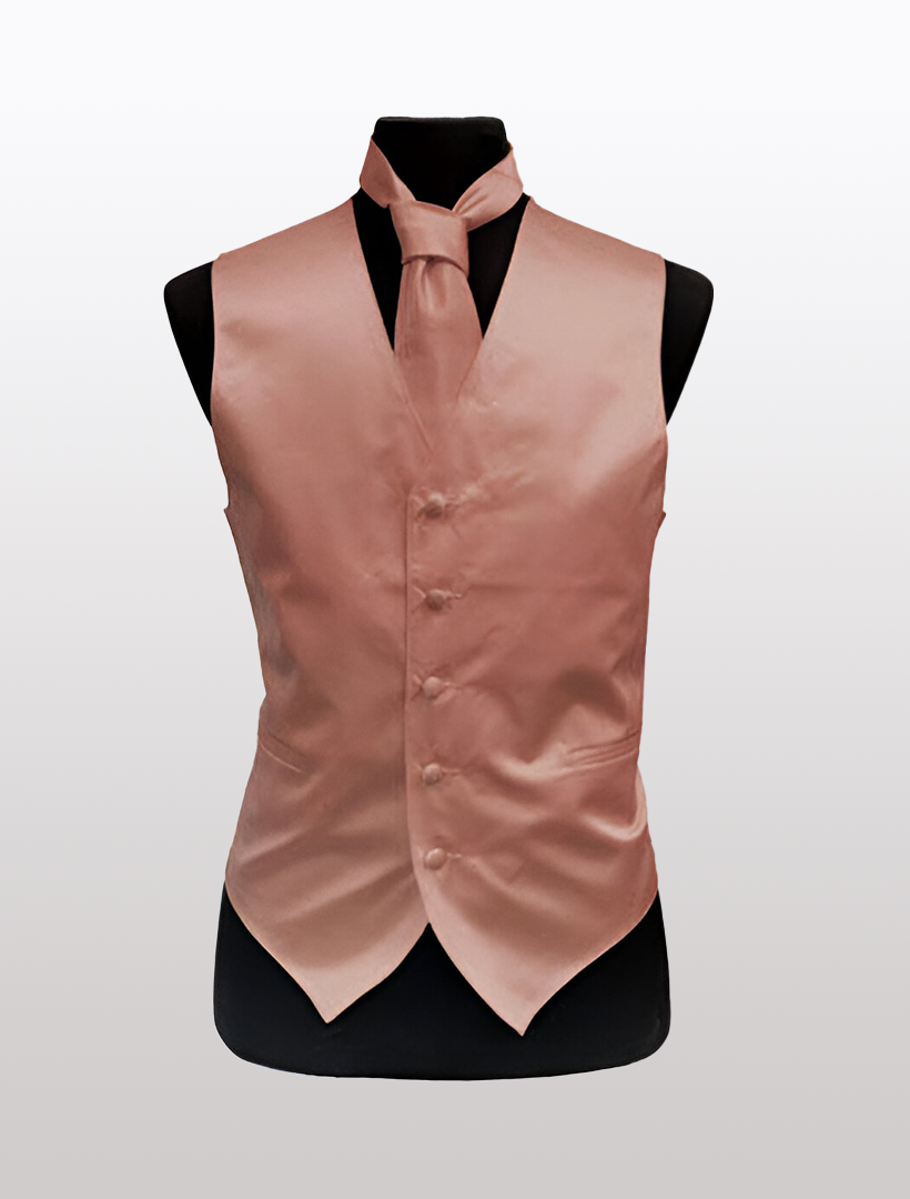 The Men's Solid Satin Dusty Pink Tuxedo Vest by Ckl, featuring an adjustable strap and matching tie, is elegantly displayed on a mannequin against a crisp white background.