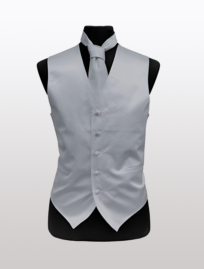 The Men's Solid Satin Silver Tuxedo Vest by Ckl, complete with buttons and an attached matching tie, is elegantly displayed on a black mannequin and features an adjustable strap for the perfect fit.