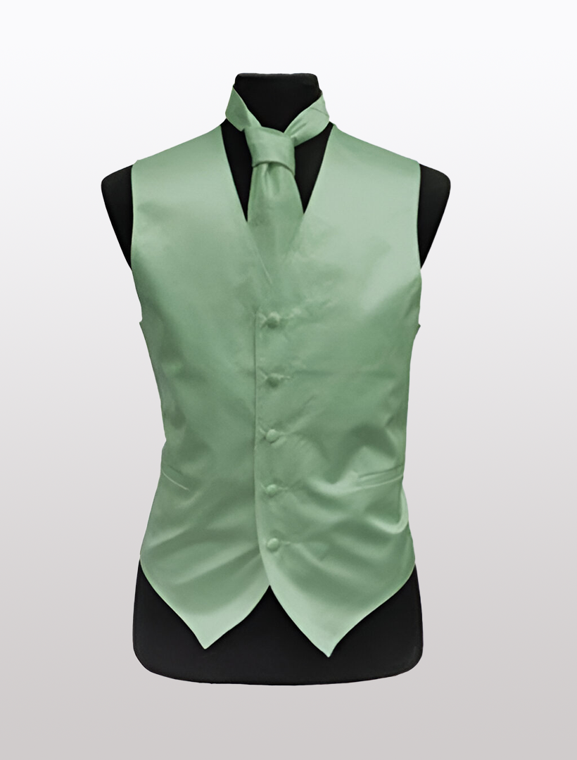 Men's Solid Satin Lime Green Tuxedo Vest by Ckl, featuring an adjustable strap and matching tie, displayed on a black mannequin against a white background.