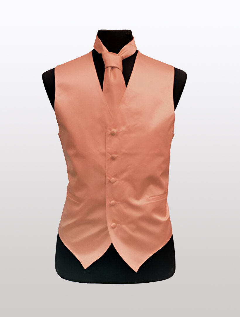 Displayed on a mannequin against a plain white background, the Men's Solid Satin Peach Tuxedo Vest by Ckl is crafted from a luxurious polyester blend and comes with a matching tie. The vest features an adjustable strap to ensure the perfect fit.