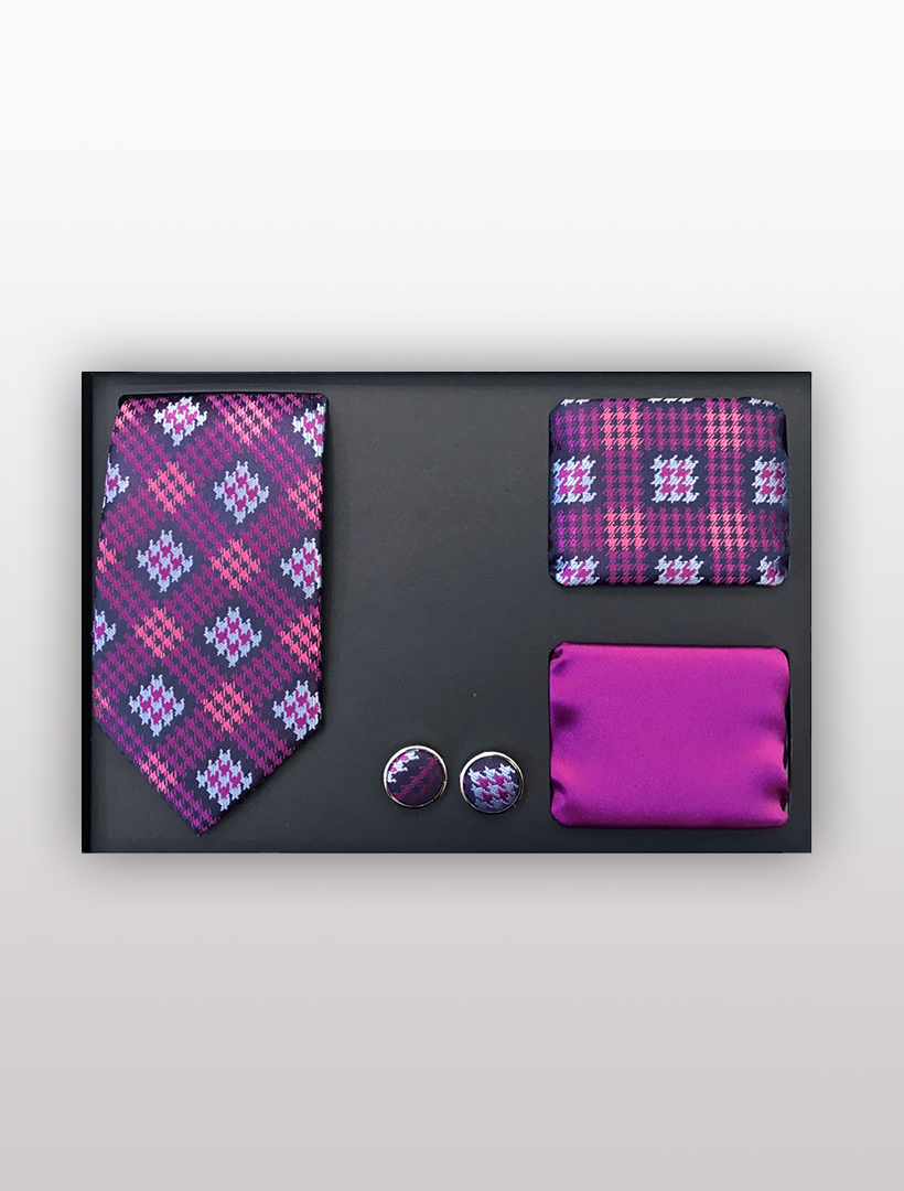 Introducing the Men's Four Piece Purple Striped Patterned Gift Box by Vesuvio Napoli, an ideal choice for formal events. This set includes a slim fit tie in pink and purple plaid, a coordinating pocket square, two matching round cufflinks, and an extra solid purple pocket square.