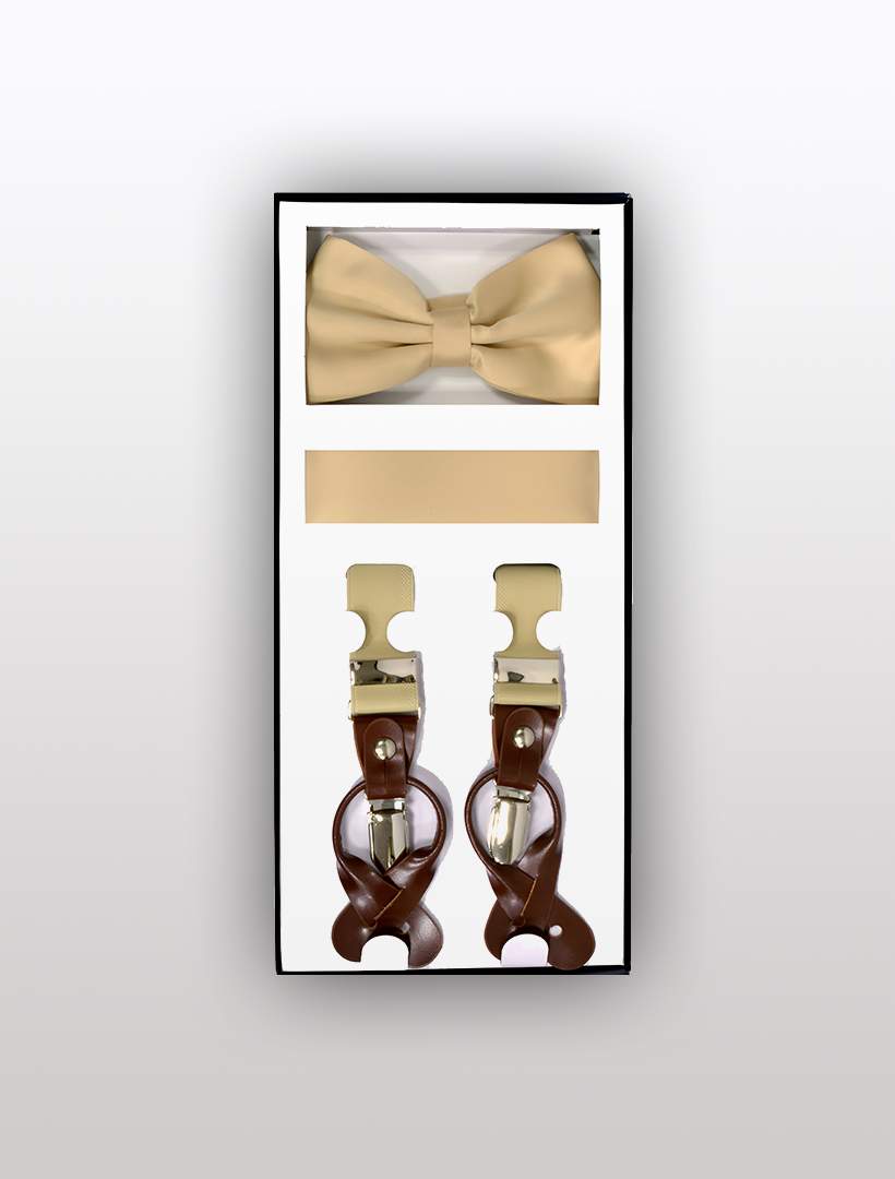The Vesuvio Napoli Men's Skinny Beige 3 Piece Suspenders Set includes a stylish beige bow tie, a matching pocket square, and adjustable brown suspenders, all elegantly arranged in compartments.