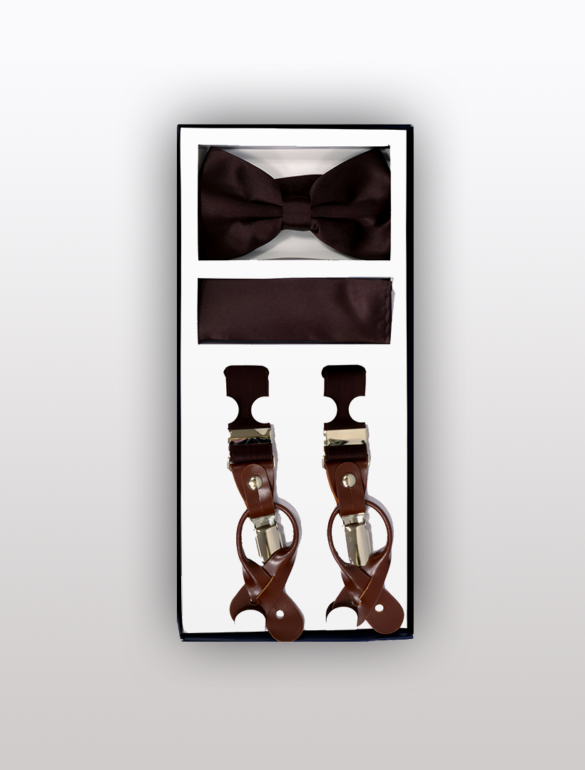 A Vesuvio Napoli gift set featuring a Men's Skinny Brown 3 Piece Suspenders Set, including a dark brown bow tie, matching pocket square, and convertible Y-back suspenders with elastic button and metal clip options.