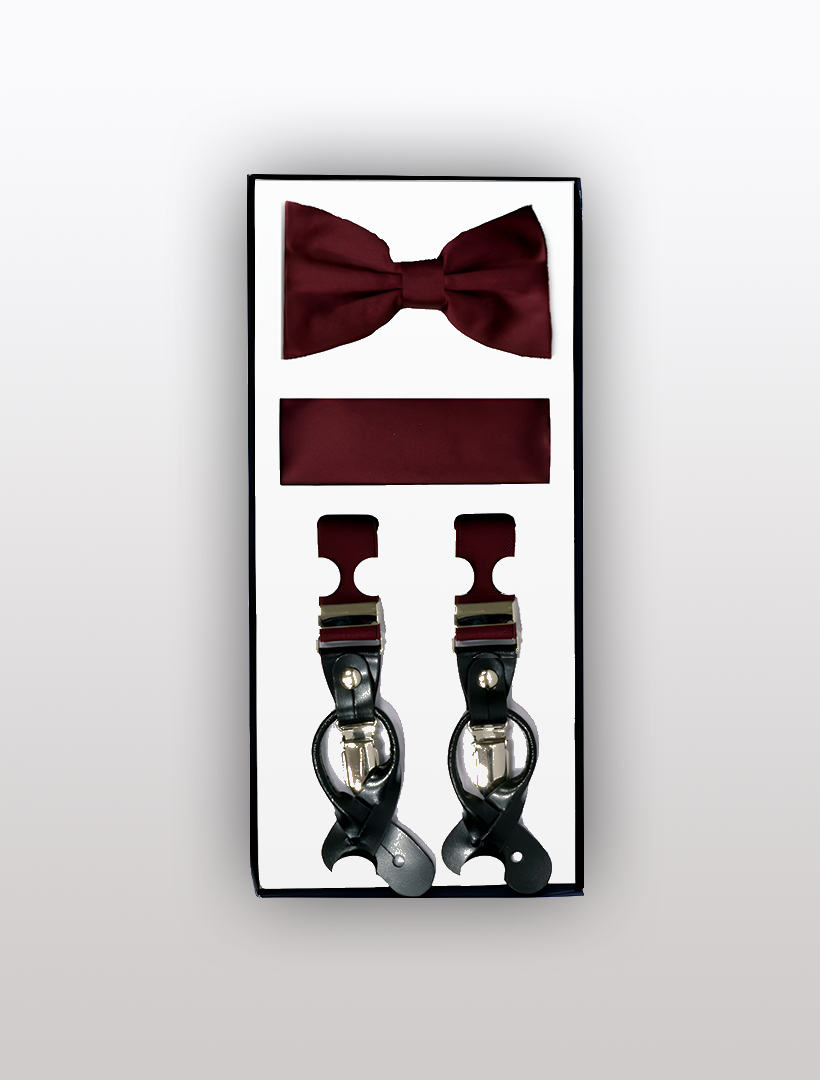 This elegant gift set from Vesuvio Napoli includes a collection of burgundy accessories, featuring the Men's Skinny Burgundy 3 Piece Suspenders Set with a classic bow tie, cummerbund, and adjustable elastic Y-back suspenders with button and clip convertible options, all beautifully displayed on a light background.
