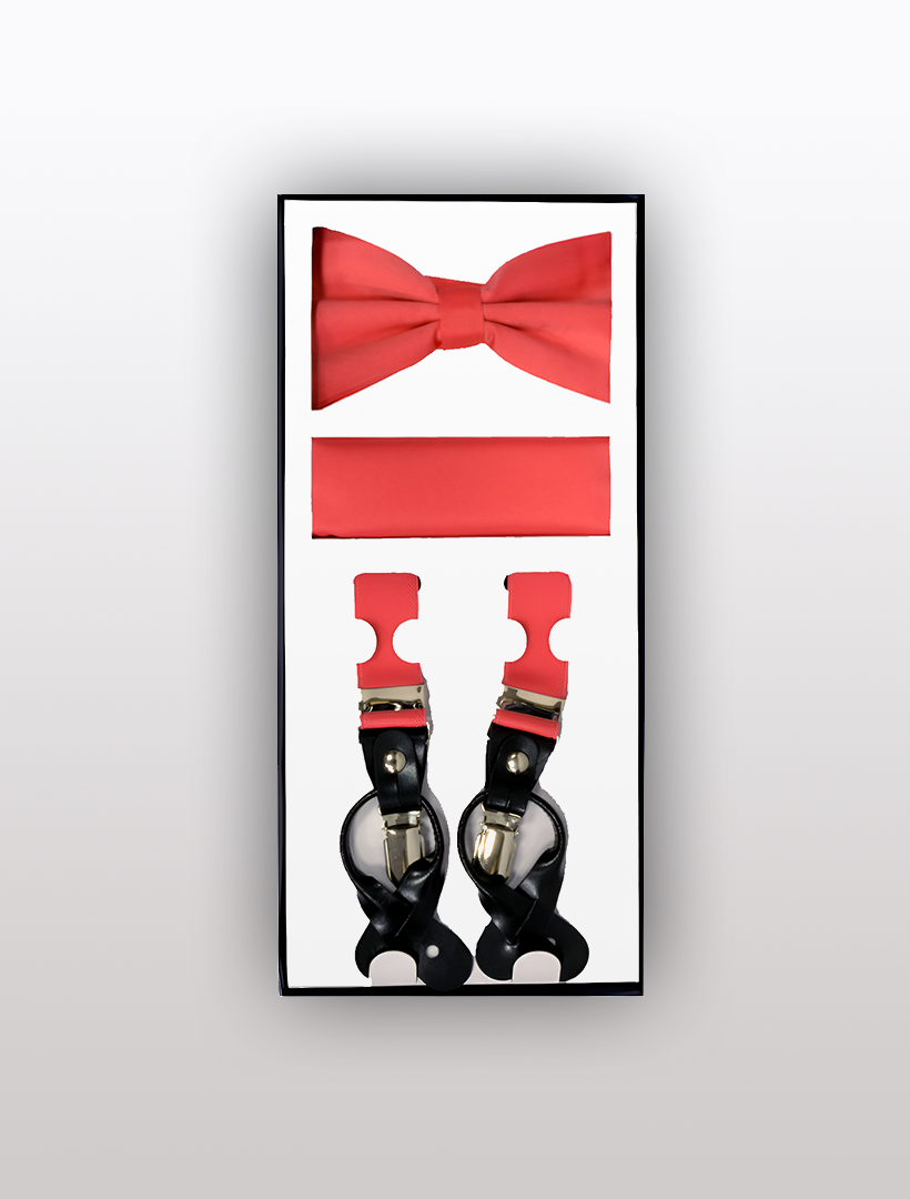 Introducing the Men's Skinny Coral 3 Piece Suspenders Set by Vesuvio Napoli. This elegant set features a coral bow tie, a coral cummerbund, and black suspenders with coral clips, all beautifully presented in sleek packaging.
