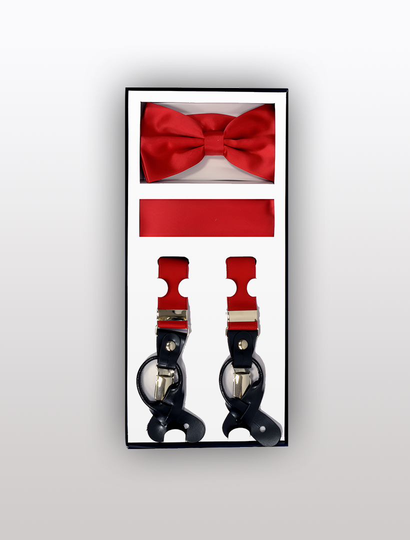 The Vesuvio Napoli Men's Skinny Red 3 Piece Suspenders Set, featuring a red bow tie, red cummerbund, and adjustable Y-back suspenders with silver clasps, is elegantly displayed against a white background.