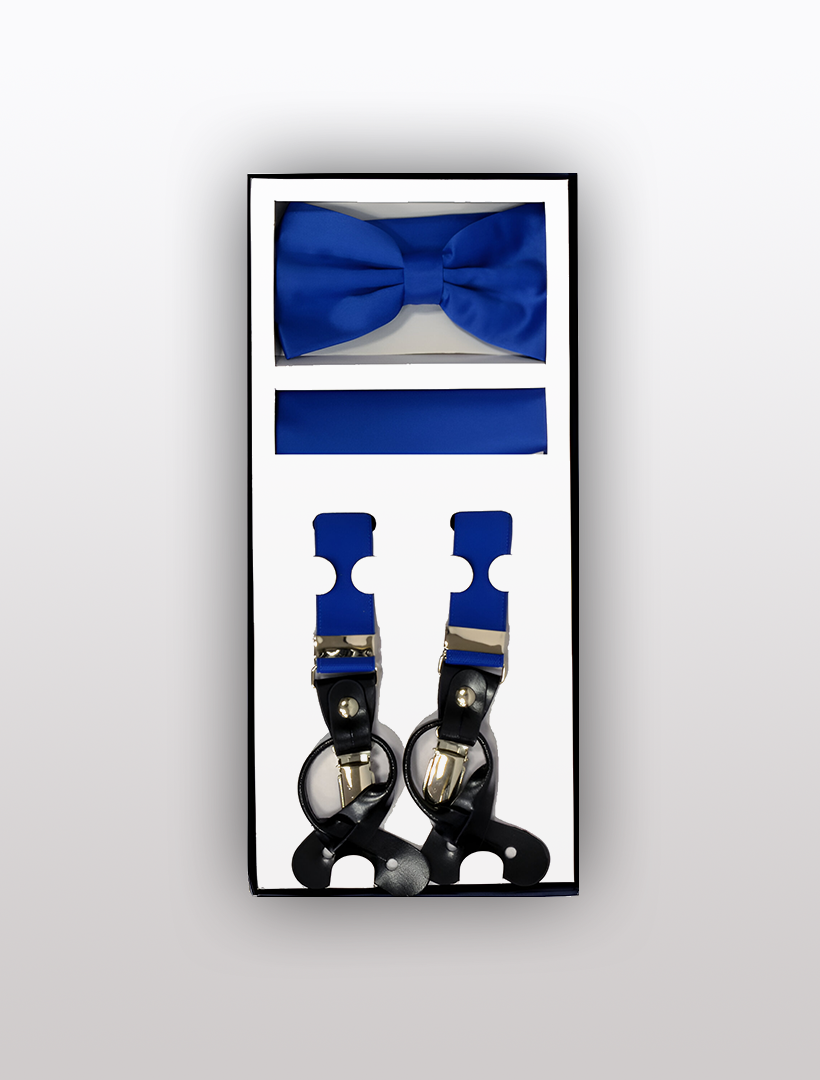 Vesuvio Napoli's Men's Skinny Royal Blue 3 Piece Suspenders Set features a box with a royal blue bow tie, coordinating pocket square, and adjustable blue suspenders with black leather accents.