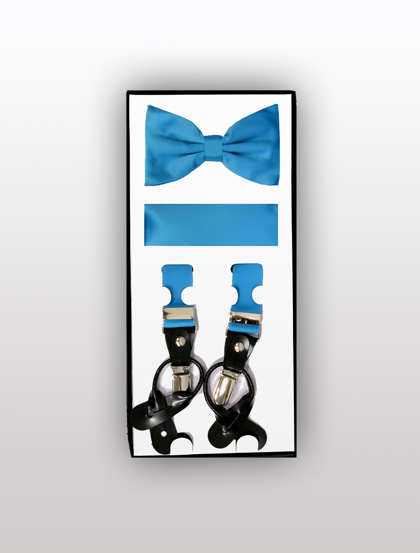 The Vesuvio Napoli Men's Skinny Turquoise 3 Piece Suspenders Set offers a sophisticated selection of formal accessories, featuring an adjustable Y-back suspender, a bow tie, and a cummerbund. All items are elegantly packaged in a stylish box.