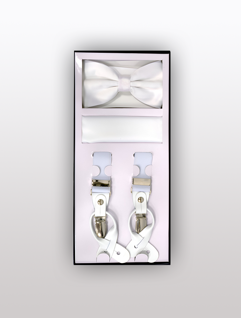 A neatly arranged boxed set featuring the Men's Skinny White 3 Piece Suspenders Set by Vesuvio Napoli, which includes an adjustable white bow tie, a pocket square, and convertible suspenders with silver clips.