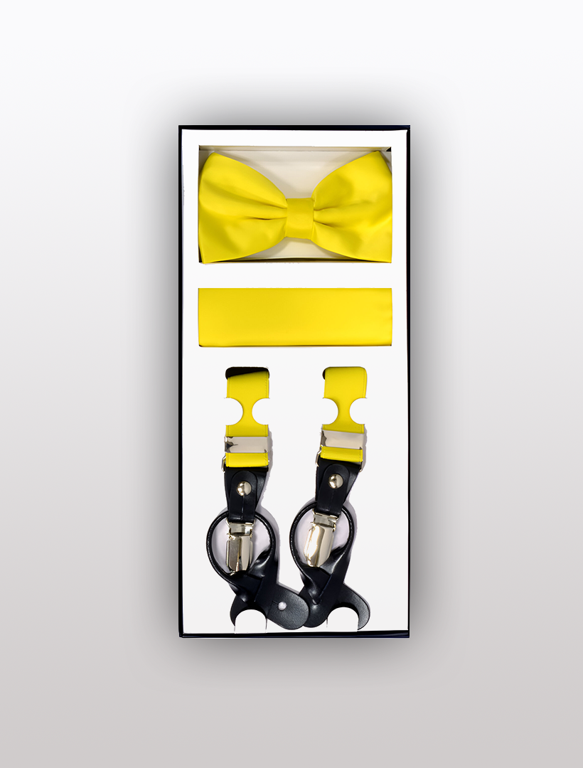Introducing the Vesuvio Napoli Men's Skinny Yellow 3 Piece Suspenders Set, which includes a stylish yellow bow tie, cummerbund, and sleek black suspenders with yellow accents. These adjustable Y-back suspenders ensure a perfect fit every time.