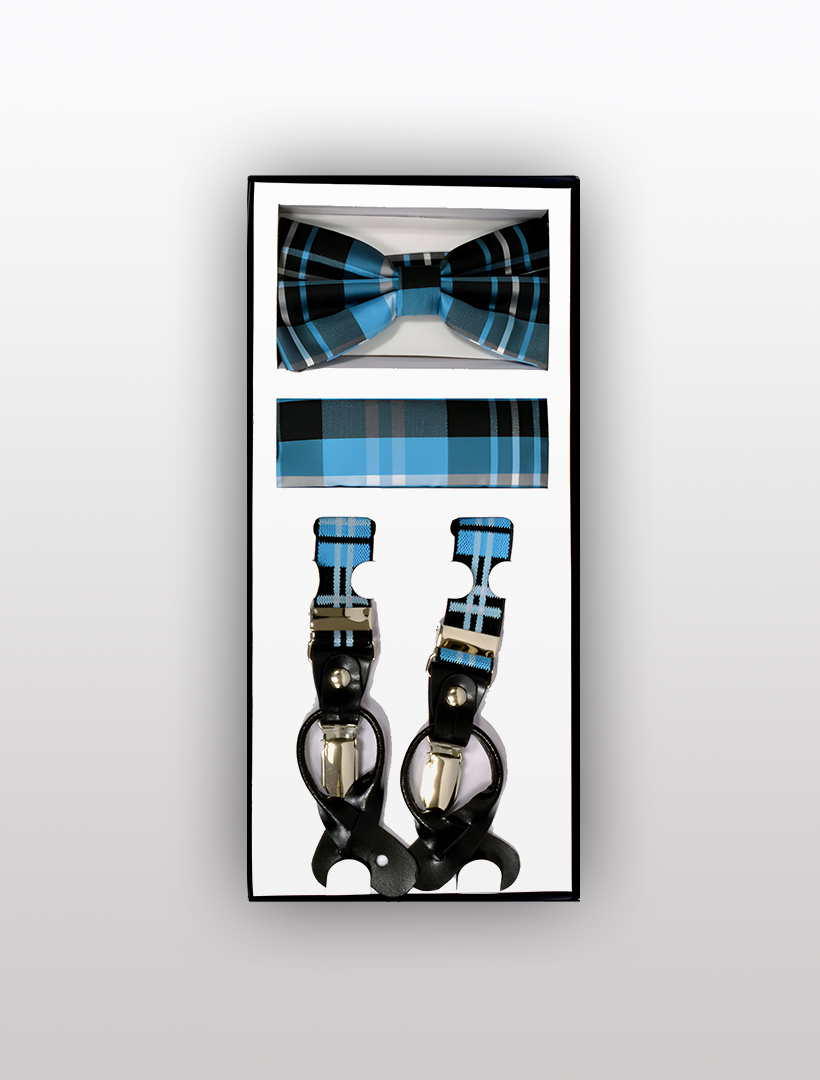 The Vesuvio Napoli Men's Skinny Plaid Turquoise 3 Piece Suspenders Set includes a plaid bow tie, handkerchief, and adjustable Y-back suspenders with leather details and metal clips, available in black, blue, and white colors.