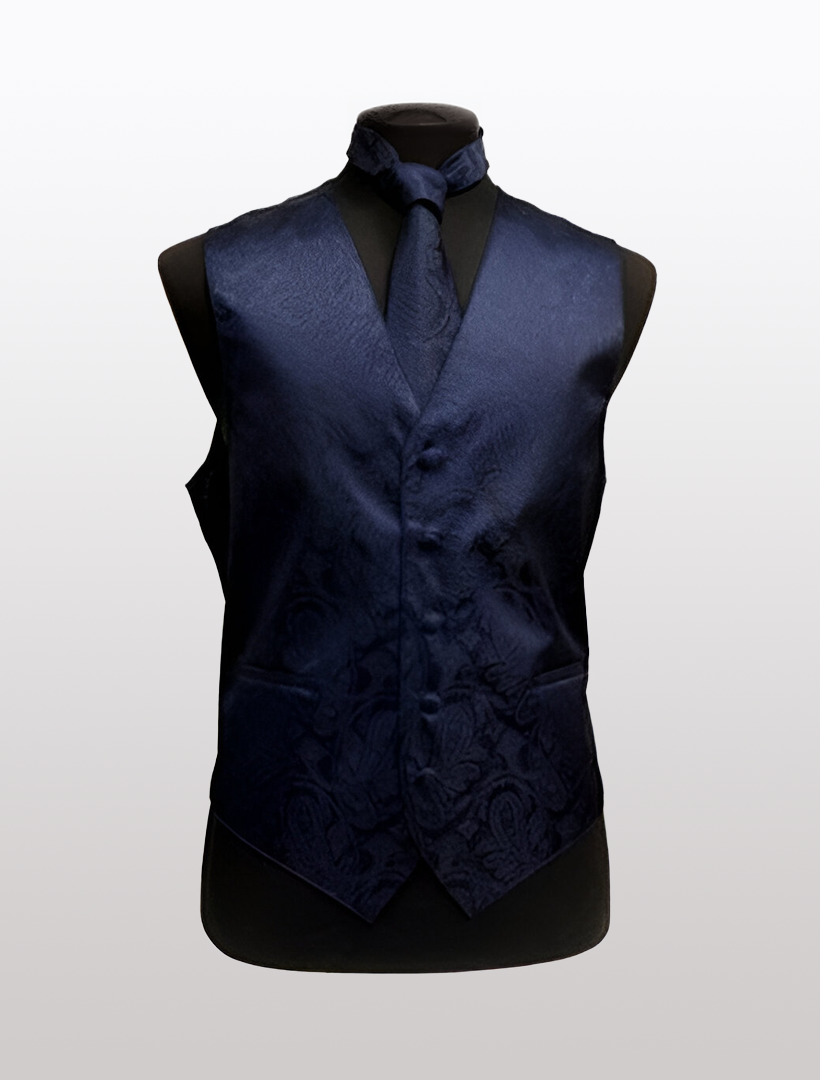 The Men's Paisley Navy Tuxedo Vest by Ckl is showcased on a mannequin, complete with an adjustable strap and a coordinating tie.